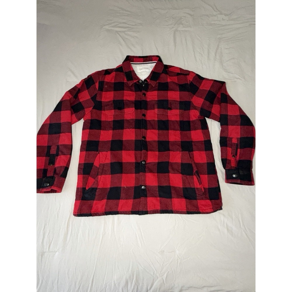 Sun + Stone Mens L Sherpa Lined Flannel Shirt Jacket Red Black Buffalo Plaid